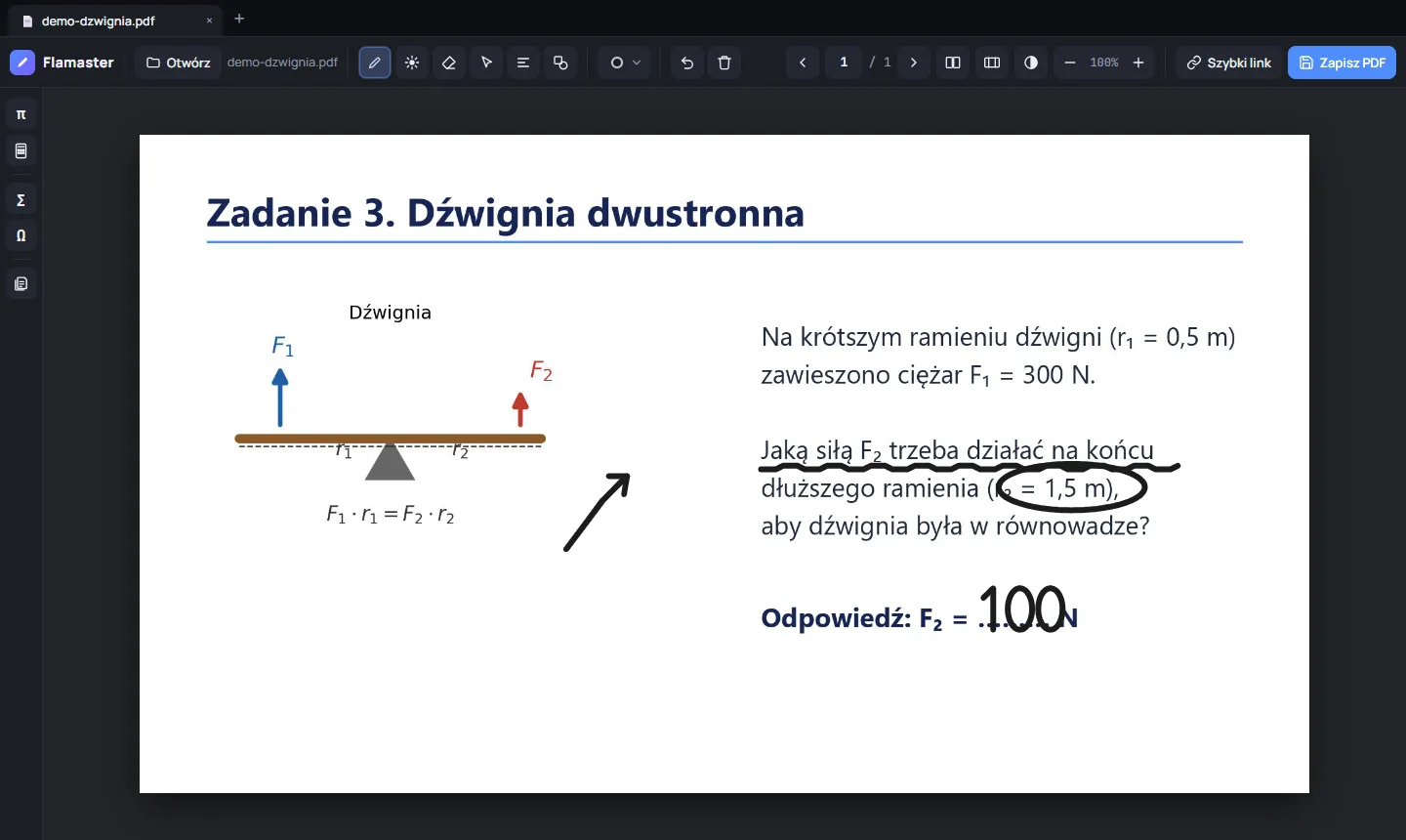 Flamaster: slajd z zadaniem o dźwigni, podkreślenia i odpowiedź dopisane odręcznie